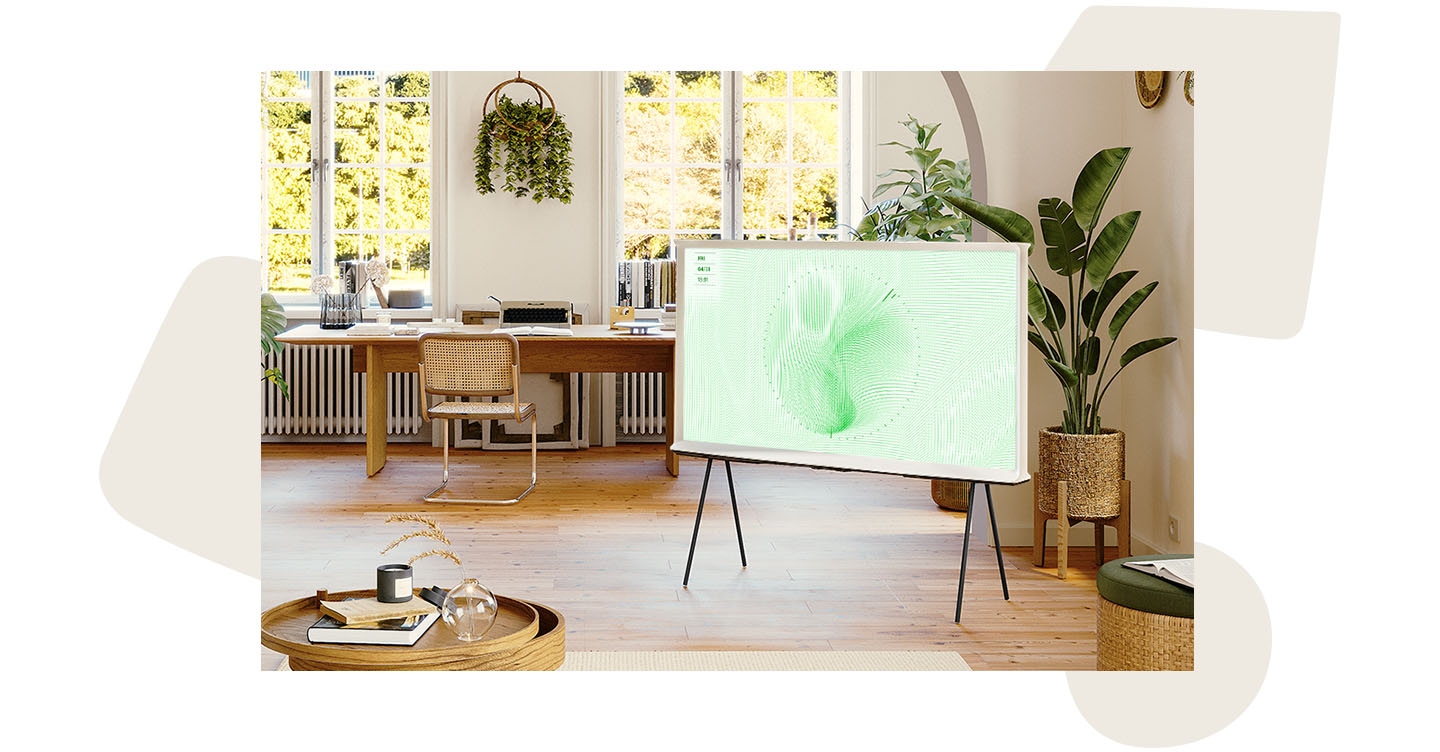 Trong không gian sống hiện đại, The Serif TV luân phiên thay đổi các mẫu hình khác nhau trên màn hình ở chế độ Ambient Mode.