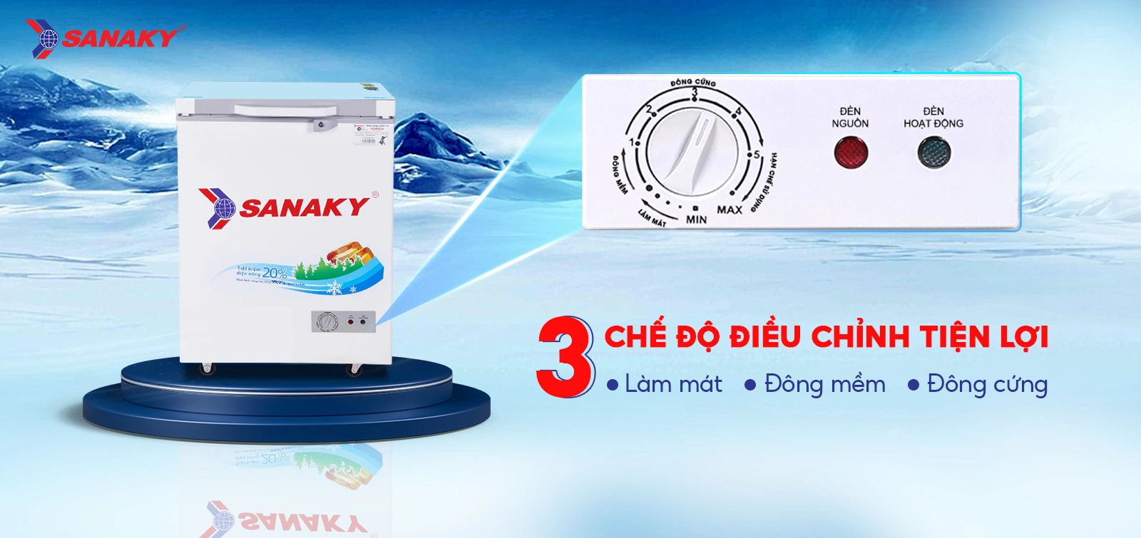 Bảng điều chỉnh 3 chế độ Mát - Đồng mềm - Đông cứng tiện lợi