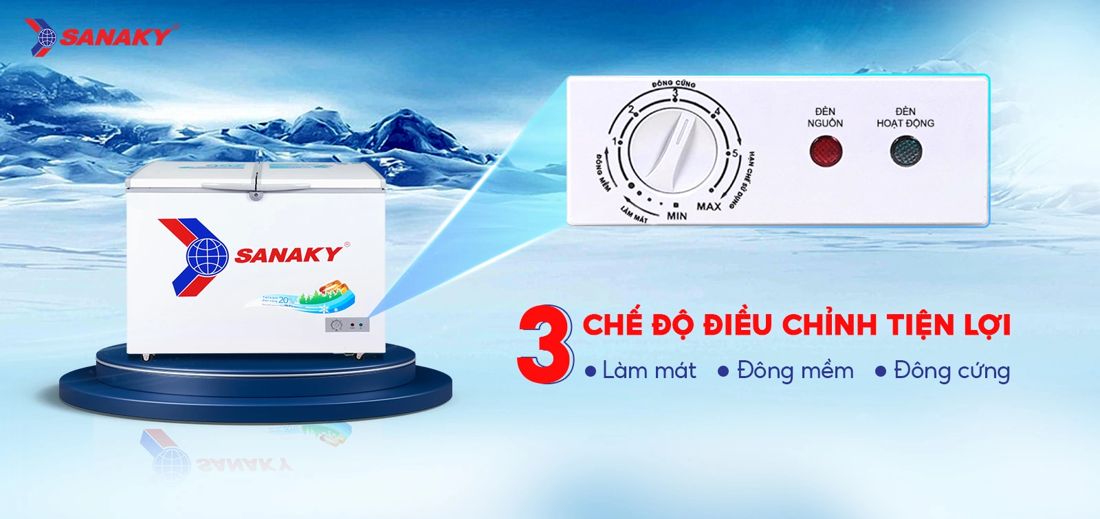Bảng điều chỉnh 3 chế độ Mát - Đồng mềm - Đông cứng tiện lợi