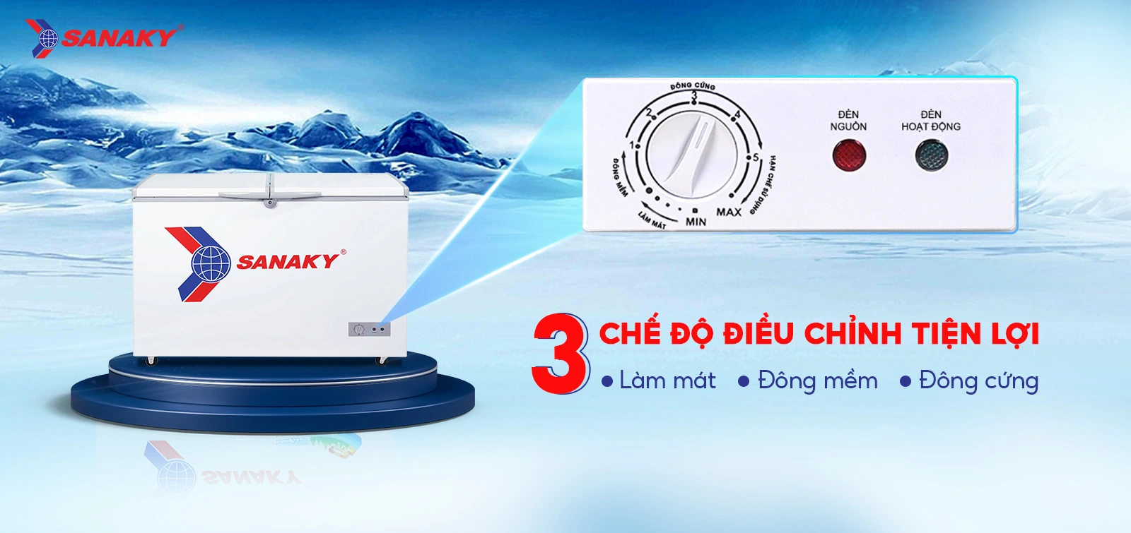 Bảng điều chỉnh 3 chế độ Mát - Đồng mềm - Đông cứng tiện lợi