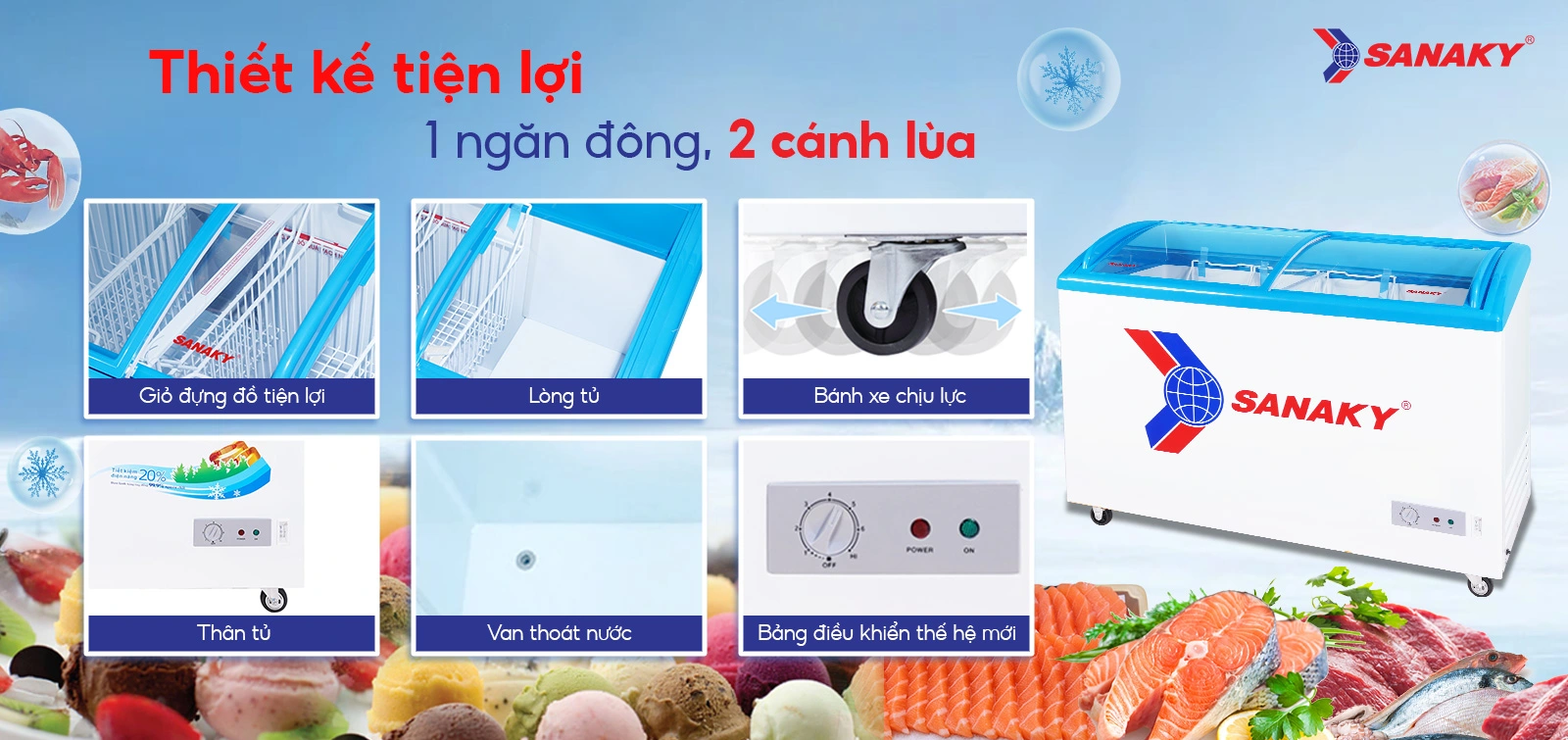 Thiết kế tiện lợi 1 ngăn đông 2 cánh lùa