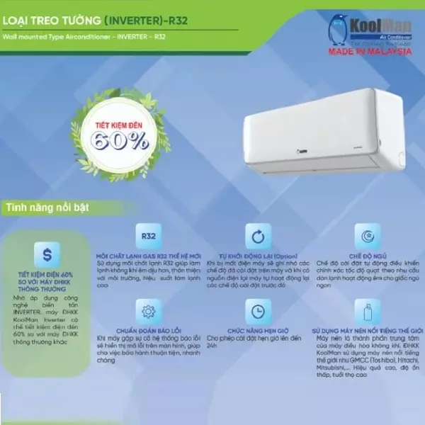 Máy Lạnh KoolMan Inverter 2.5Hp KWVH-243BMD/KCVH-243BMDW - Gas R32